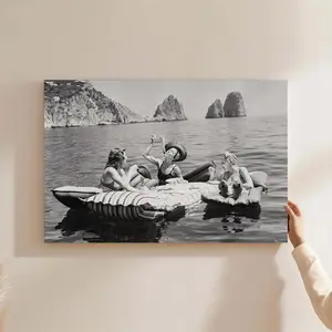 Vintage Women Eating Pasta on Lake Wall Art Print, Funny Pasta Picnic Poster, Retro Lake Picnic Artwork