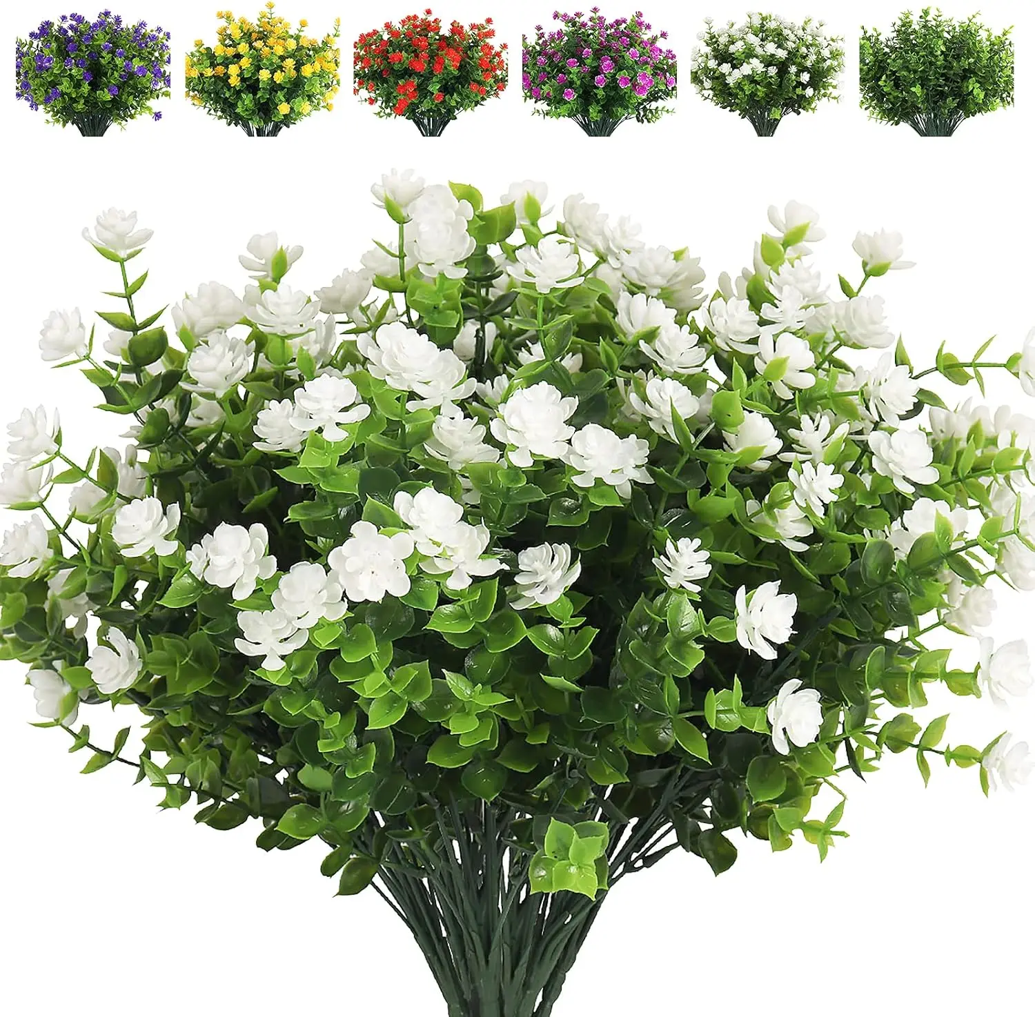 Artificial Flowers, Fake Boxwood Outdoor UV Resistant Plants Artificial Springs Flowers Eucalyptus Greenery Shrubs Bridal Wedding Bouquet for Home Garden Party Wedding Decoration(White)