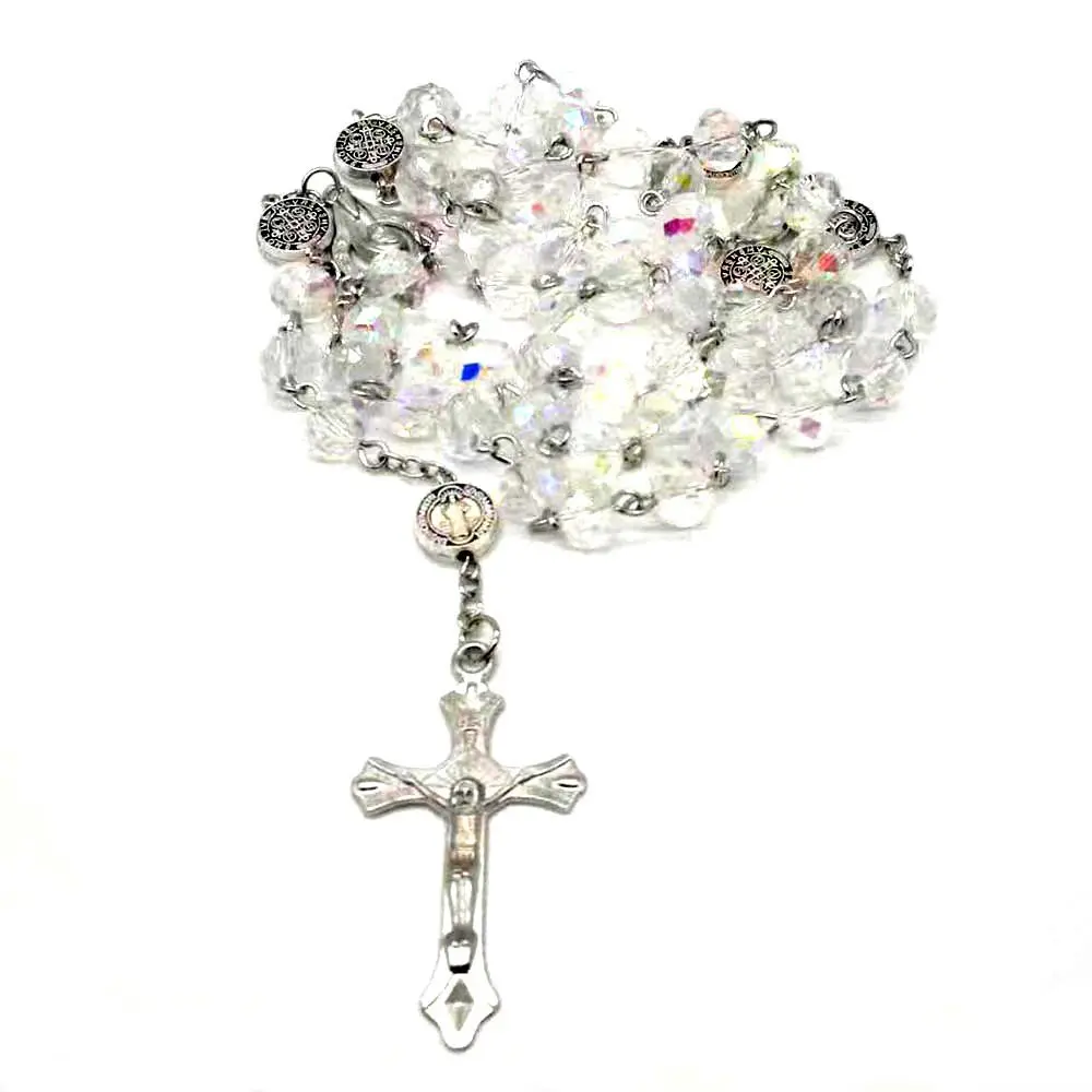 Pink Stone Cross prayer beads Rosary necklace Transparent Stone necklace jewelry