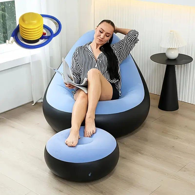 1pc Soft Flocked Inflatable Sofa with Footrest in Blue, Lightweight Foldable Single Recliner, Easy Storage Lounge Chair for Indoor Living Room Balcony Outdoor Camping Relax