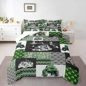 Feelyou Tractor Bedding Set - Soft Breathable Cars Graphic Duvets with Equipment Trucks Comforter, Farmhouse Harvester Quilt, Green Vehicle Checkerboard Blanket for Car Bedroom Decor