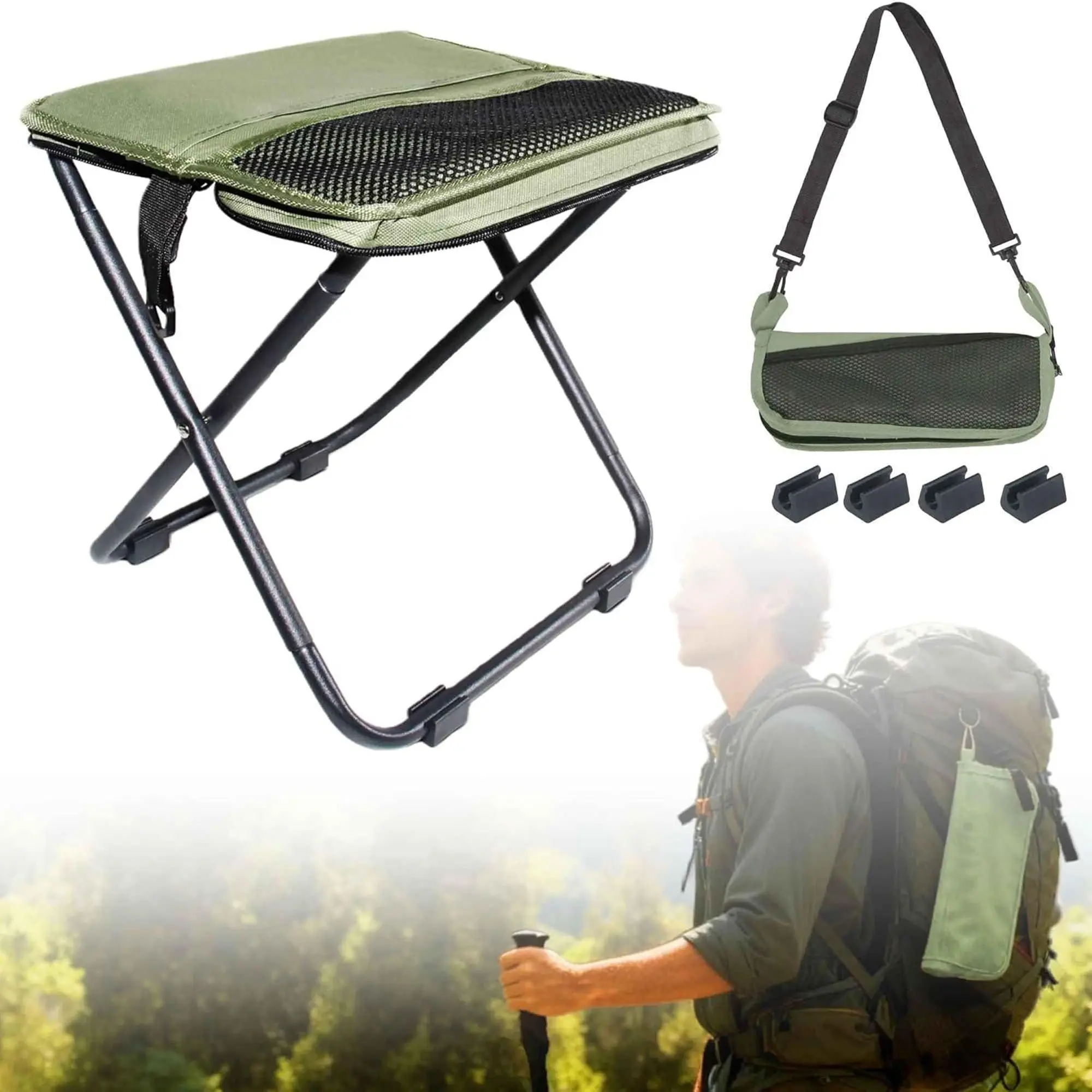 9-Inch High Lightweight Folding Stool with Adjustable Shoulder Bag - Portable Compact Outdoor Seat for Fishing, Camping, Hiking, Picnic, Travel & Daily Queue, Durable Steel Frame & Oxford Cloth, No Assembly Needed