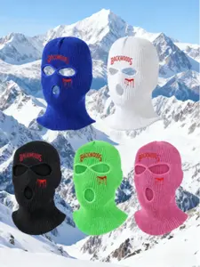 Neutral Letter Embroidered Yarn Knitted Hat, Three Hole Balaclava, Ski Mask, Outdoor Cycling Hiking Accessory, Fitted Casual Style