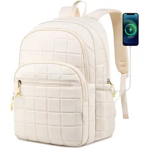 Cream White Puffer Look Backpack, 15.6 Inch Water Resistant Unisex Youth USB Charging Bag for School/Travel, Functional Aesthetic Luggage for Women
