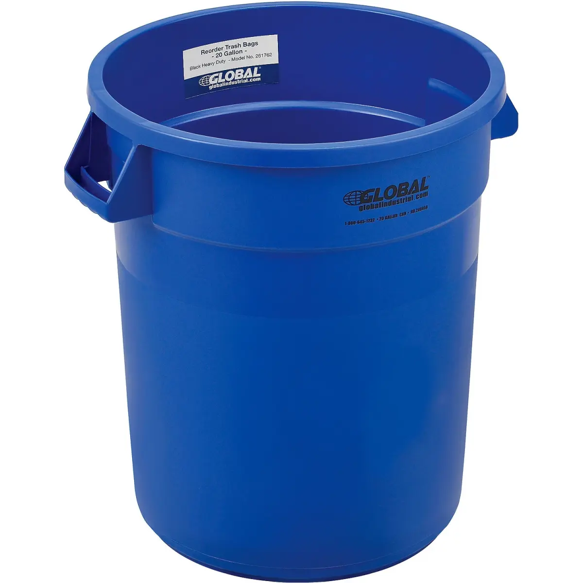Global Industrial 240458BL Sturdy Round Plastic Storage Waste & Recycling Bin - 20 gal Blue Polyethylene, Open Top, Reinforced Rim, Dual Grip Handles, 19 in Diameter, Garage Home Cleaning Utility Bin