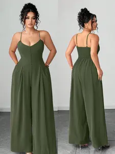 Elegant Plus Size Women's Spring Summer Pantsuit, Button Shoulder Straps, Pleated Waist Cinching Wide Leg Overalls, Long One-Piece