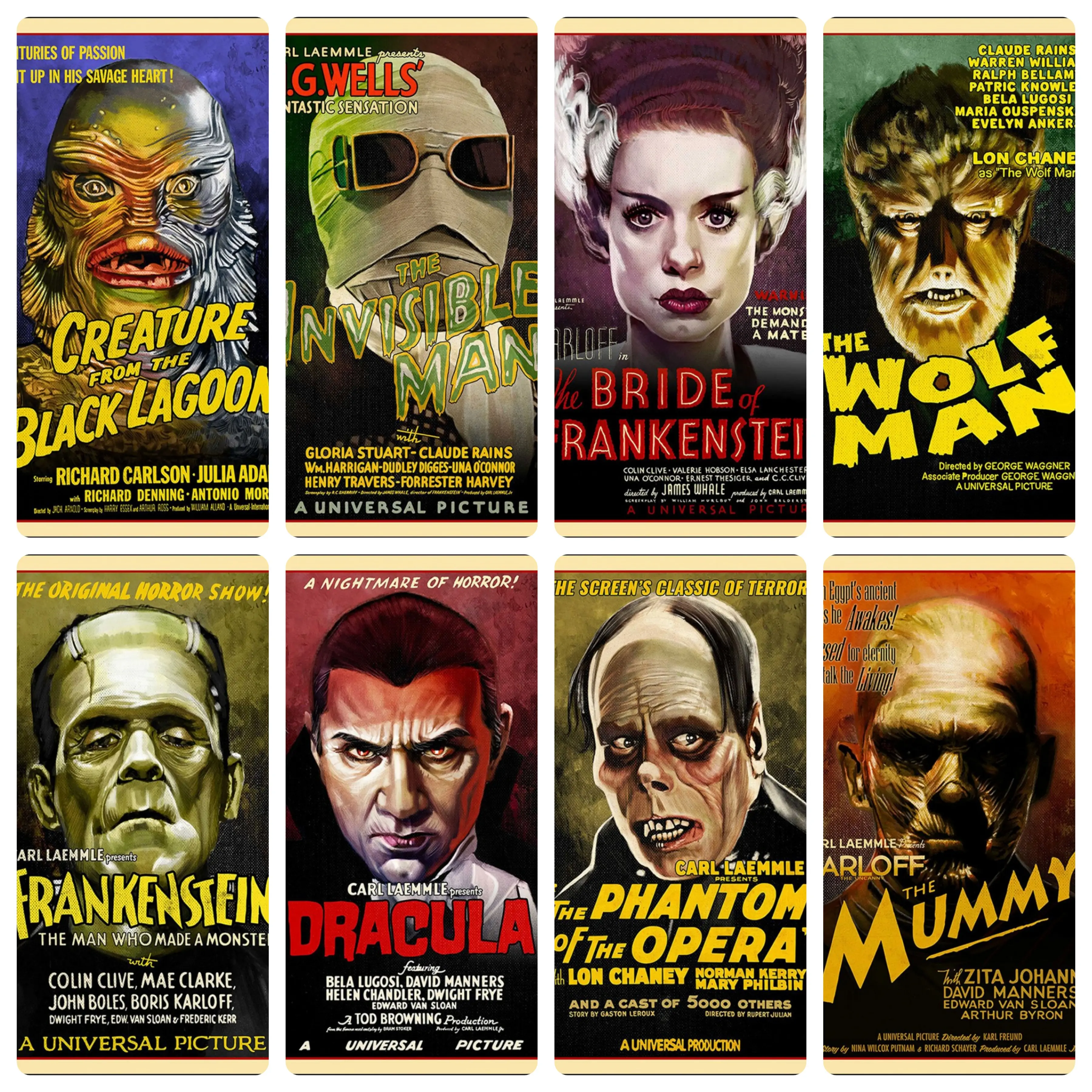 Universal Classic Monsters Complete Series Collector's Edition Canvas Print, Vintage Spooky Horror Movie Classic Prints, Bedroom Decor Decoration for Men's Bedrooms, Must-Have Collectible for Horror Fans