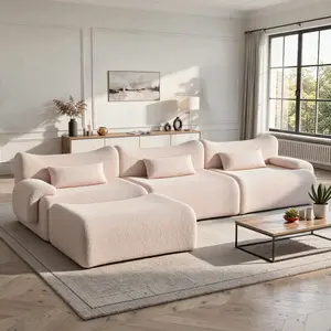 Modern Modular L-Shaped Sectional Sofa, Boucle Upholstered 4-Seat Couch with Ottoman, Soft Curved Backrest, 6 Color Options, Ideal for Living Room, Apartment & Large Space Home Furniture, High Load-Bearing Capacity