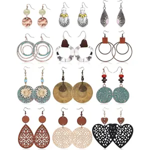 THUNARAZ Women's 12-Pair Wood Folk Earrings Set - Bohemian, Retro Vintage, Contemporary Ethnic, Alternative Artistic Styles: Geometric, Teardrop, Round Dangle, Star, Sunflower, Dainty Festival Jewelry Gift, Bohemian Earrings, Contemporary Ethnic Earrings