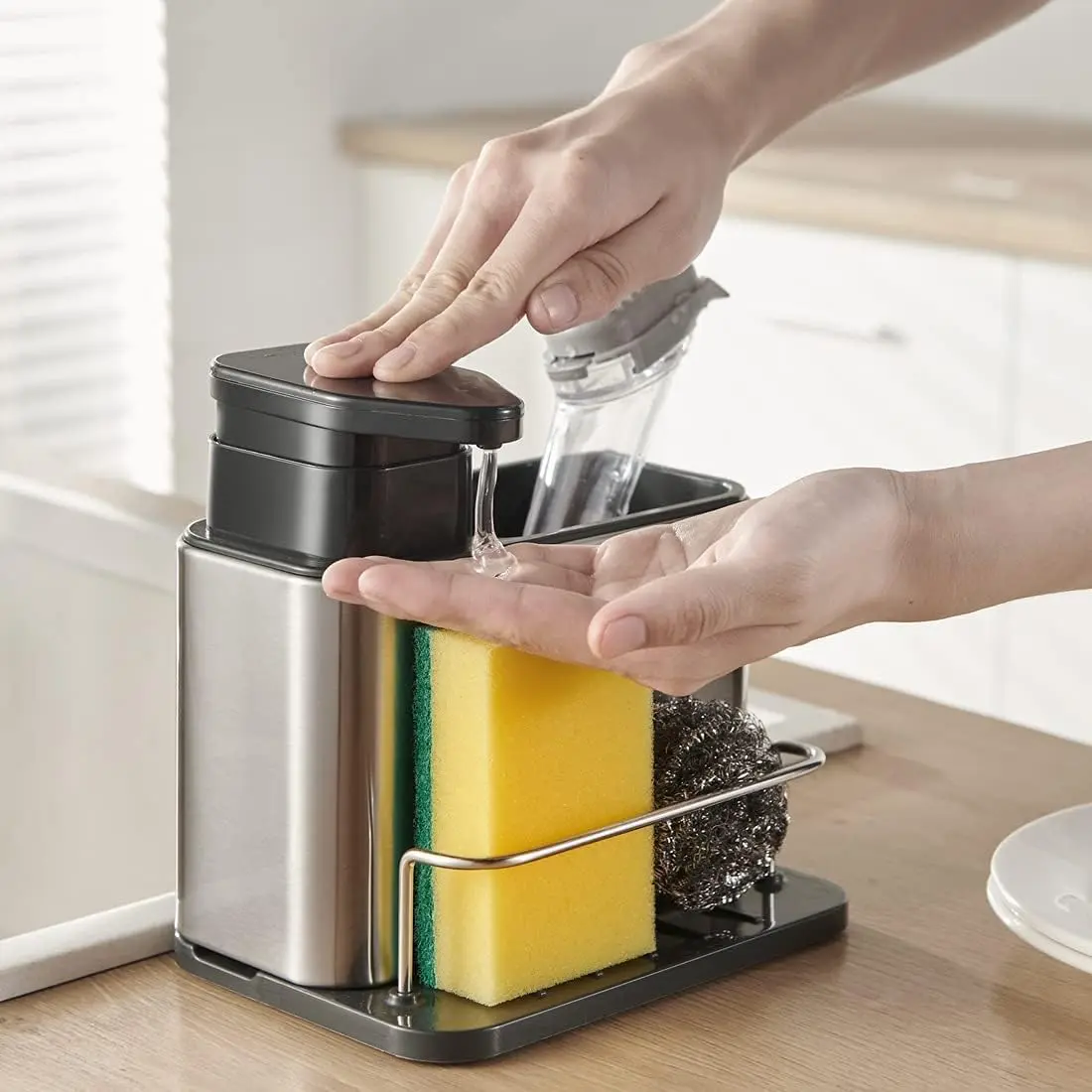 Dish Soap Dispenser 3-in-1 Sponge Holder for Kitchen Sink Rustproof with Easy Access Pump and Secure Sponge Storage hand soap dispensers