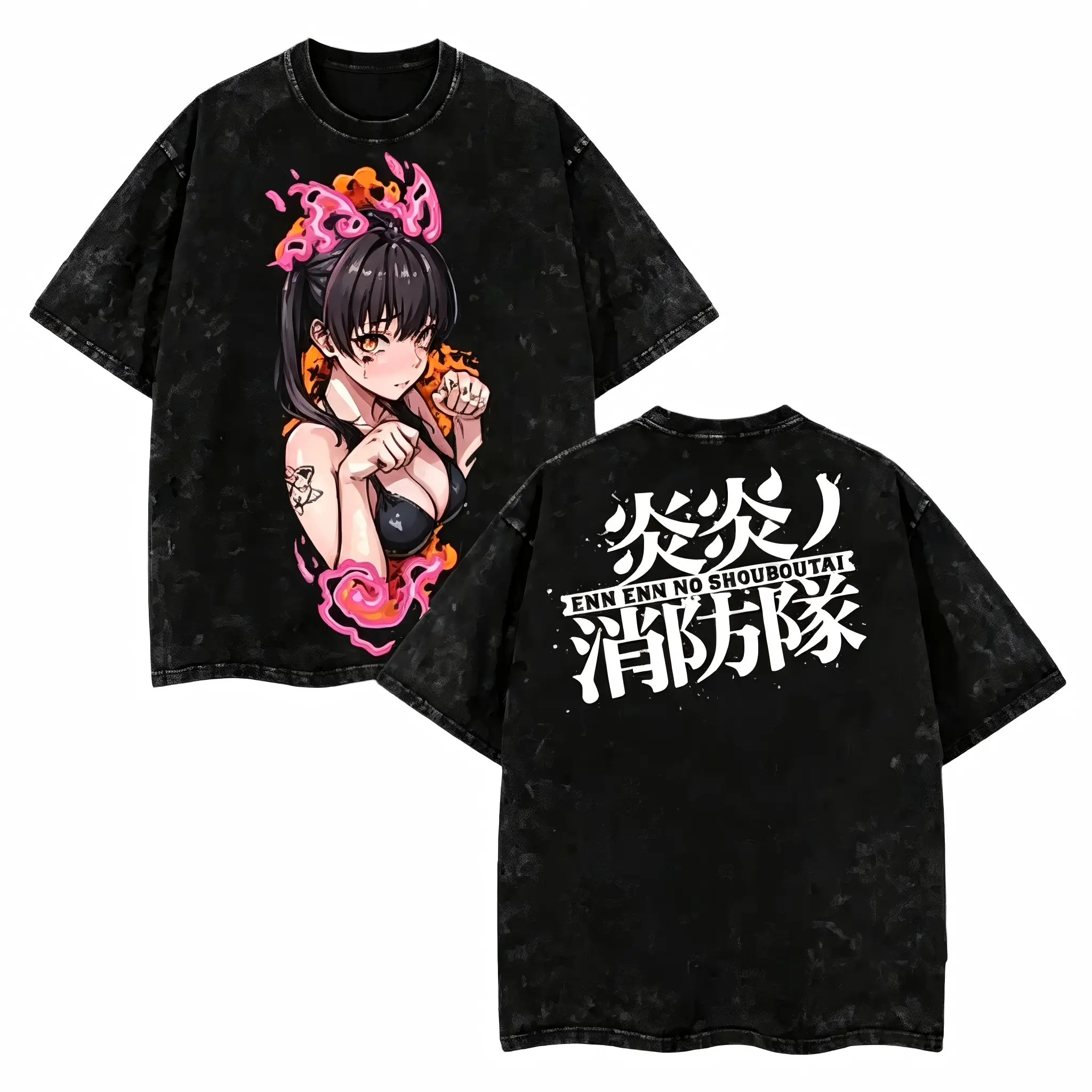 Acid Washed Retro Fire Force Tamaki Kotatsu Graphic T-Shirt - Double Sided Oversized Heavyweight Cotton Tee for Men & Women, Casual Anime Streetwear Short Sleeve, Gift for Anime & Manga Fans,Fashionable Niche Top, perfect for streetwear enthusiasts.
