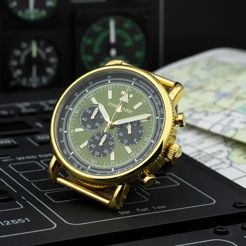 Invicta Men's Chase Durer Flight Aviator Watch, Stylish 44MM Gold-Tone Chronograph with Green Dial, Tachymeter and 50M Water Resistance, Accessory, Speed Calculation, Bold, Round Face, Analog, Aviation Lovers, Male Wear, Stainless Steel, Luminescent Dials