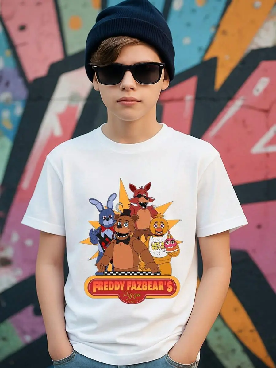 Young Boy's/Girl's "Freddy Fazbear's Cotton Graphic Tees, Game T-Shirts For Boys, Black Summer T-Shirts With Cartoon Characters, Gift For  Fans, Round Neck Short Sleeve T-Shirt, Fun, Vintage T-Shirts For Boys" Boy Clothes For Kids