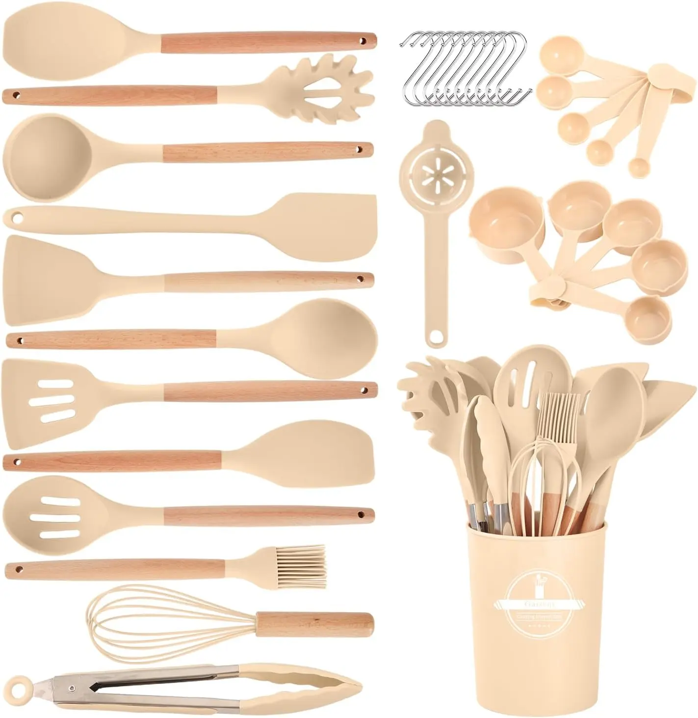 34-Piece Nonstick Silicone Cooking Utensils Set, Wooden Handle Kitchen Tools with Spatulas, Spoons, Whisk, Brush & Storage Holder