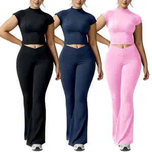 Flare Pant Yoga Set for Women Short Sleeve Top & High-Waisted Pants Solid Color Gym Streetwear Outfit Breathable Polyamide Elastane