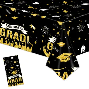 1Pc Balck Gold Graduation Tablecloth,220*130cm Disposable PE Table Cover, Congrats Grad Table Cloth,Class Of 2026 Graduation Party Supplies,Graduation Party Decor,Congratulations Graduation Celebration Decor,Graduation Gifts,Graduation Season Table Cloth