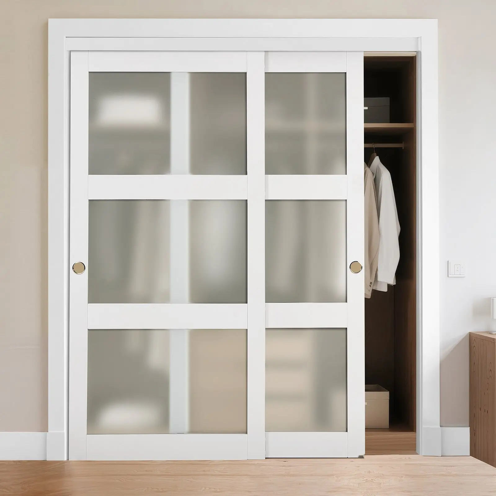 Sliding Closet Door Set With Frosted Glass, 72 Inches Wide (Double 37 Inch Panels) By 80 Inches High, 3-Lite Bypass Sliding Door, Aluminum Track System, Reversible Mount, Soft-Close Ready, Modern Contemporary Design