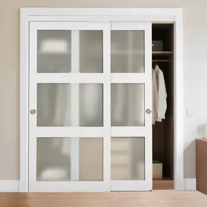 Sliding Closet Door Set With Frosted Glass, 72 Inches Wide (Double 37 Inch Panels) By 80 Inches High, 3-Lite Bypass Sliding Door, Aluminum Track System, Reversible Mount, Soft-Close Ready, Modern Contemporary Design