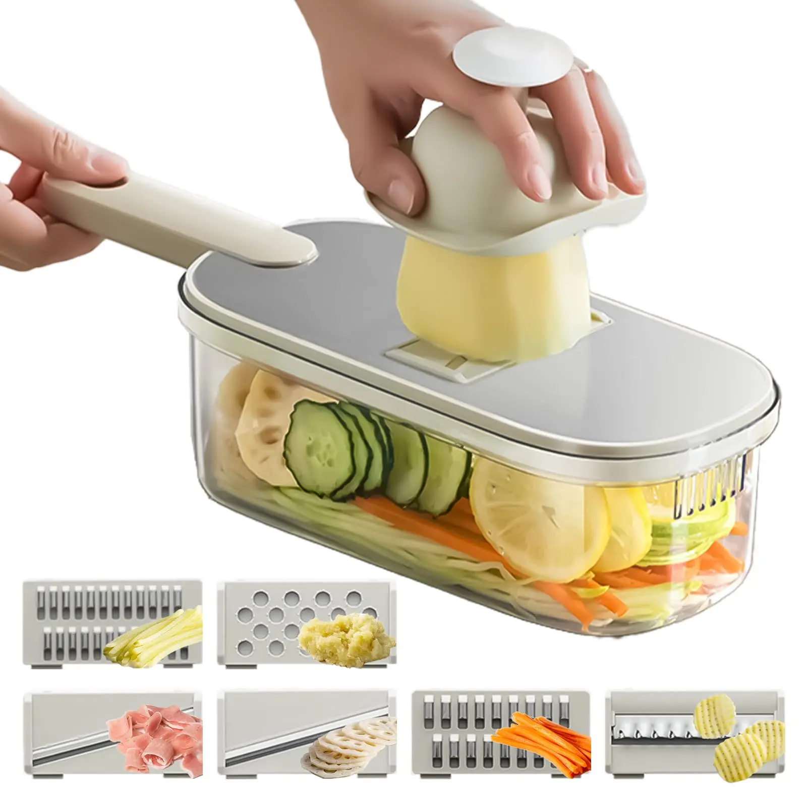 6-Blade Vegetable Slicer and Grater, Multifunctional Kitchen Chopper With Hand Guard, Storage Container and Drain Basket for Potato, Carrot and Cheese