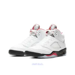 White Smooth Leather High-Top Retro Basketball Shoes with Red Flame Sawtooth and Silver  Reflective Tongue