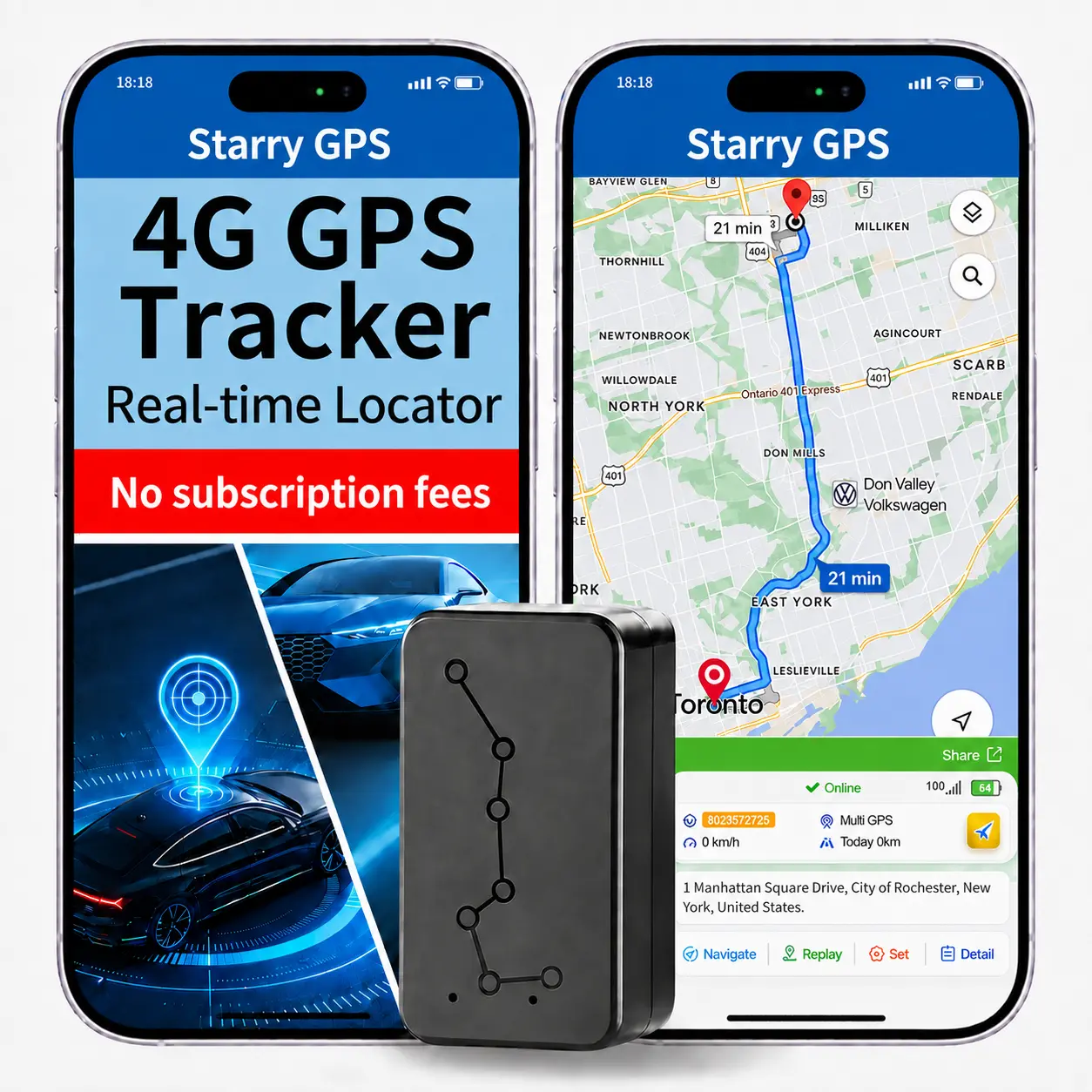 XiahanTuk Magnetic GPS Tracker - Cordless 4G LTE GPS Trackers with Splash-Resistant Surface Mount, Built-In Li-Ion Battery, Real-Time Location, Geofence Alerts, Route History, No Monthly Fees, Android & iOS Compatibility for Cars