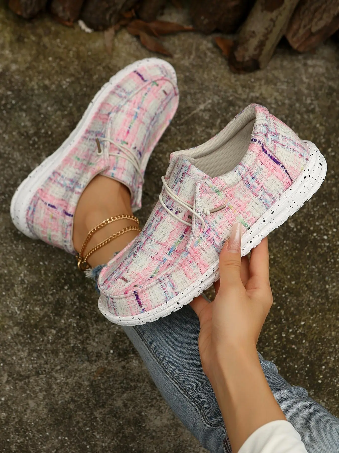 Women's Fashionable Plaid Pattern Lace Up Low Top Sneakers, Casual Comfortable Round Toe Shoes for Daily Wear, Female All-match Shoes for Daily Wear