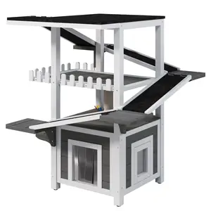 4-Tier Outdoor Cat House & Tree Tower, Weatherproof Shelter with Waterproof Roof, 2 Doors, Multi-Level Play Zones & Balcony for Small Cats, Feral Cat Enclosure, Grey & White Options