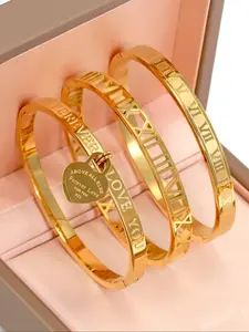 Women Stainless Steel Cuff Bracelet Set, Elegant Jewelry Bracelet, Heart & Roman Numeral Design, 18K Gold Plated, Casual Jewelry Gift for Women