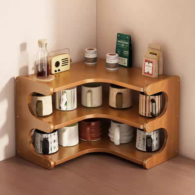 1pc Wooden Corner Storage Shelf Space-Saving Three Tier Design Desk Organizer Cup Ornament Plant Makeup Multi-Tier Storage Rack Multi-Function Design Home Organization