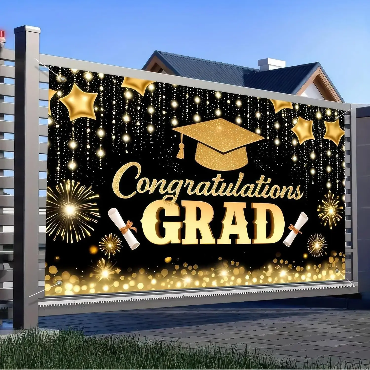 2D Flat Banner, Outdoor Banners, Gold Congratulations Grad Backdrop, 2026 Graduation Photo Booth Background, High School College Party Decor