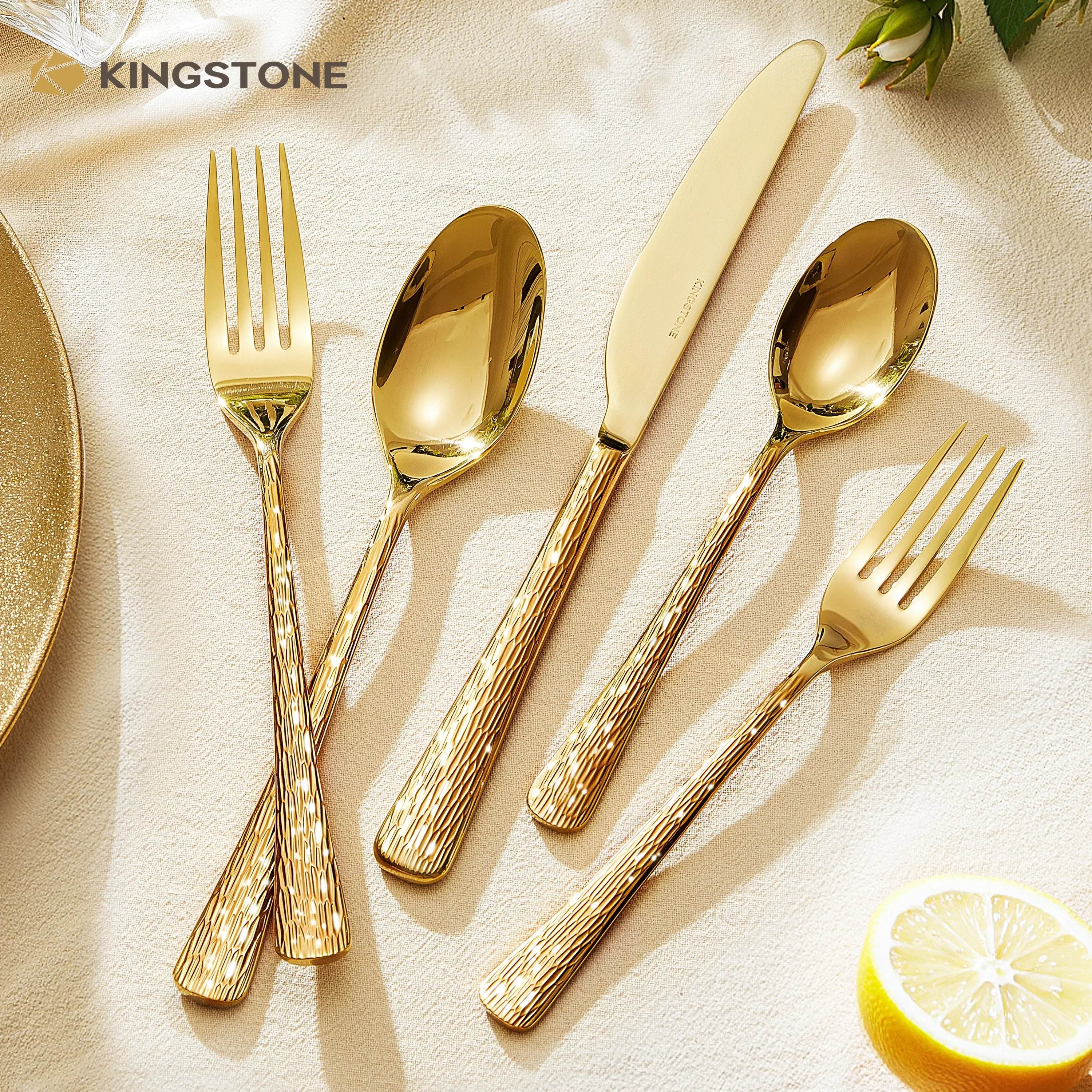 KINGSTONE Premium 18/10 Stainless Steel Aesthetic Hammered Tableware Set - Ripple Handles, Handcrafted Cutlery, Mirror Polished, Dishwasher Safe, Combination Dinner Gift Set for Housewarming, Wedding, Model 8816,home essentials