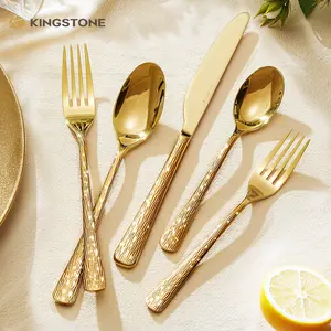 KINGSTONE Premium Hammered Silverware Set, 18/10 Stainless Steel Flatware Cutlery, Unique Ripple Handles Design, Mirror Polished Finish, Dishwasher Safe, Model 8816