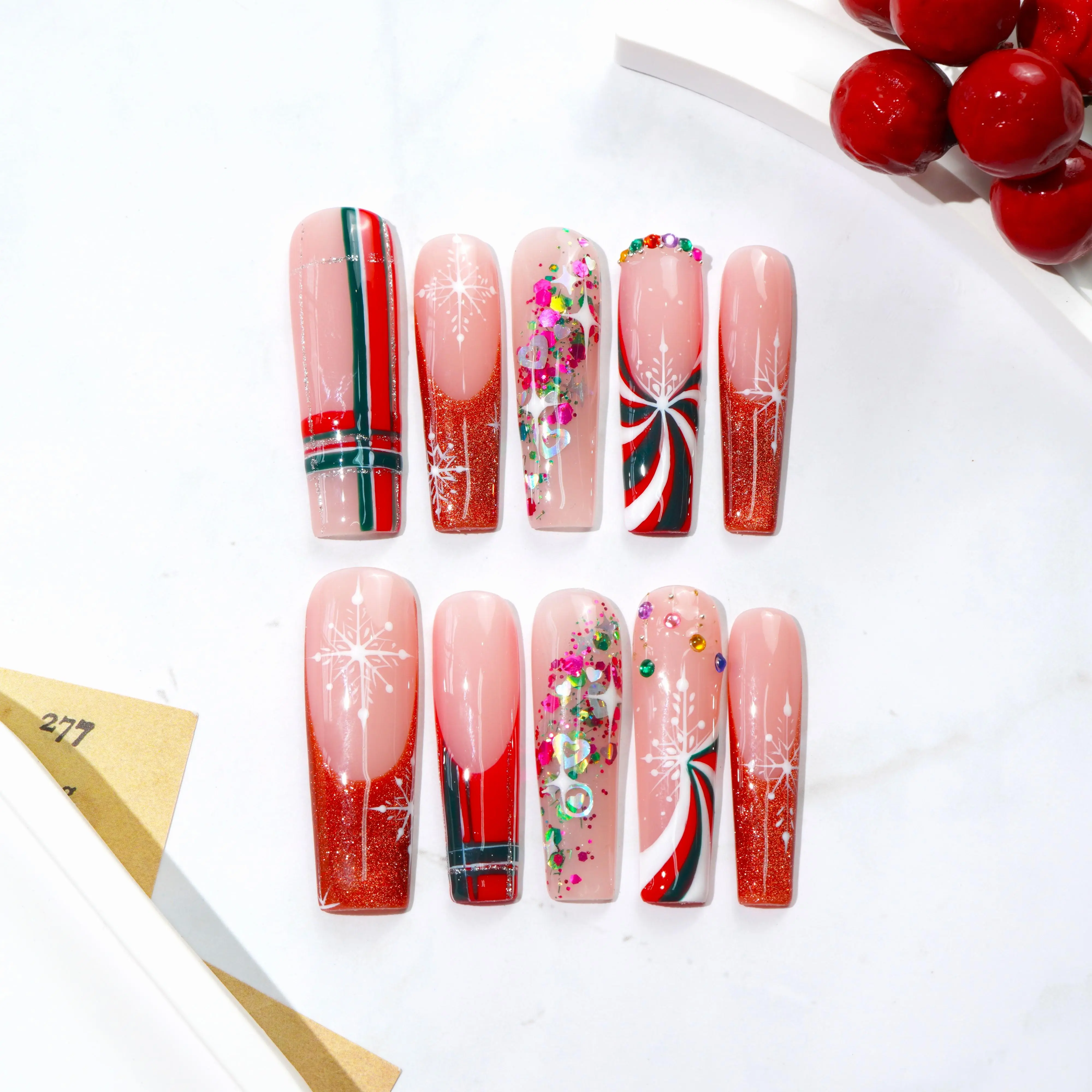 [BUY 2 GET 1 FREE] Long Christmas Press On Nails, Red Glitter Swirl Snowflake Design, Multicolor Confetti Nail Art, Reusable Holiday Party Fake Nails