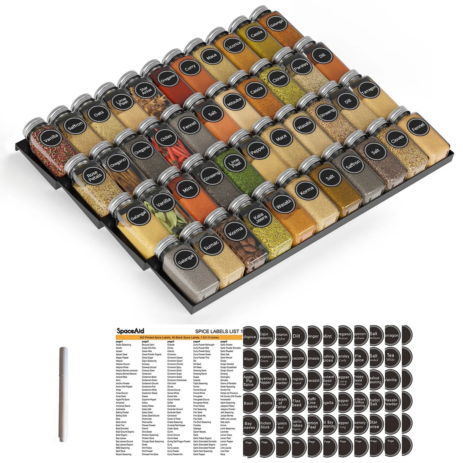 SpaceAid Kitchen Spice Drawer Organizer with 44 Spice Jars, 20.25" Wide x 17.5" Deep