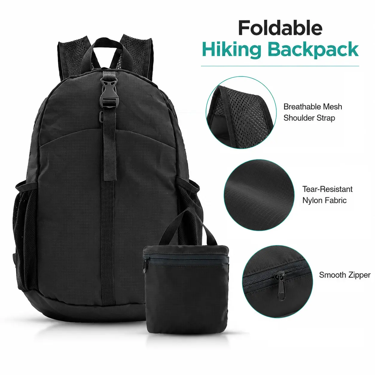 Ultralight 20L Packable Backpack for Adults, Foldable to 5x5 inches, Water Resistant 210D Nylon Daypack with Breathable Mesh Shoulder Strap for Travel, 3D Mesh Shoulder Straps, 5×5 Inches, Front Zippered Pocket, Lightweight, Tear-Resistant Nylon Fabric, M
