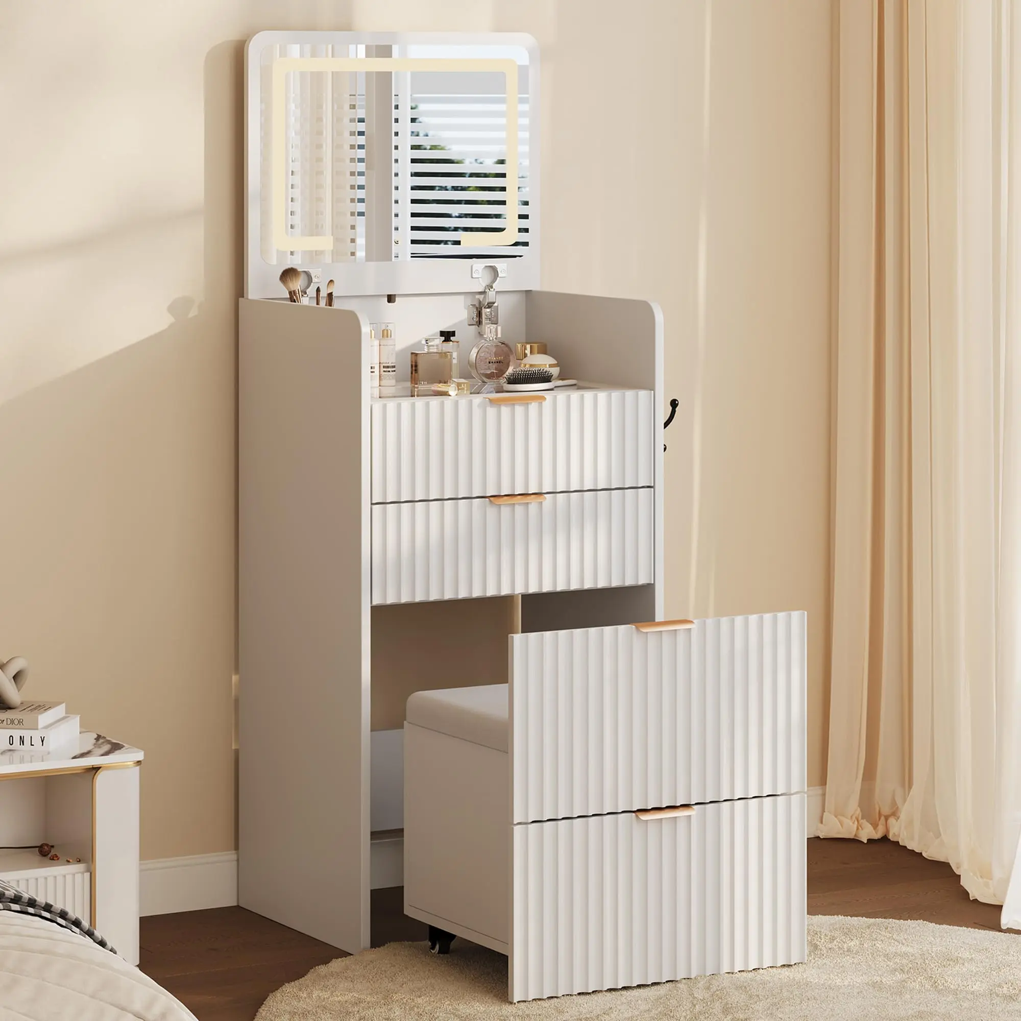 3‑in‑1 Vanity Desk with 3 Drawers & Rolling Stool – Compact Vanity with Flip Top Mirror & Lights – Modern Small Makeup Vanity Table with Charging Station