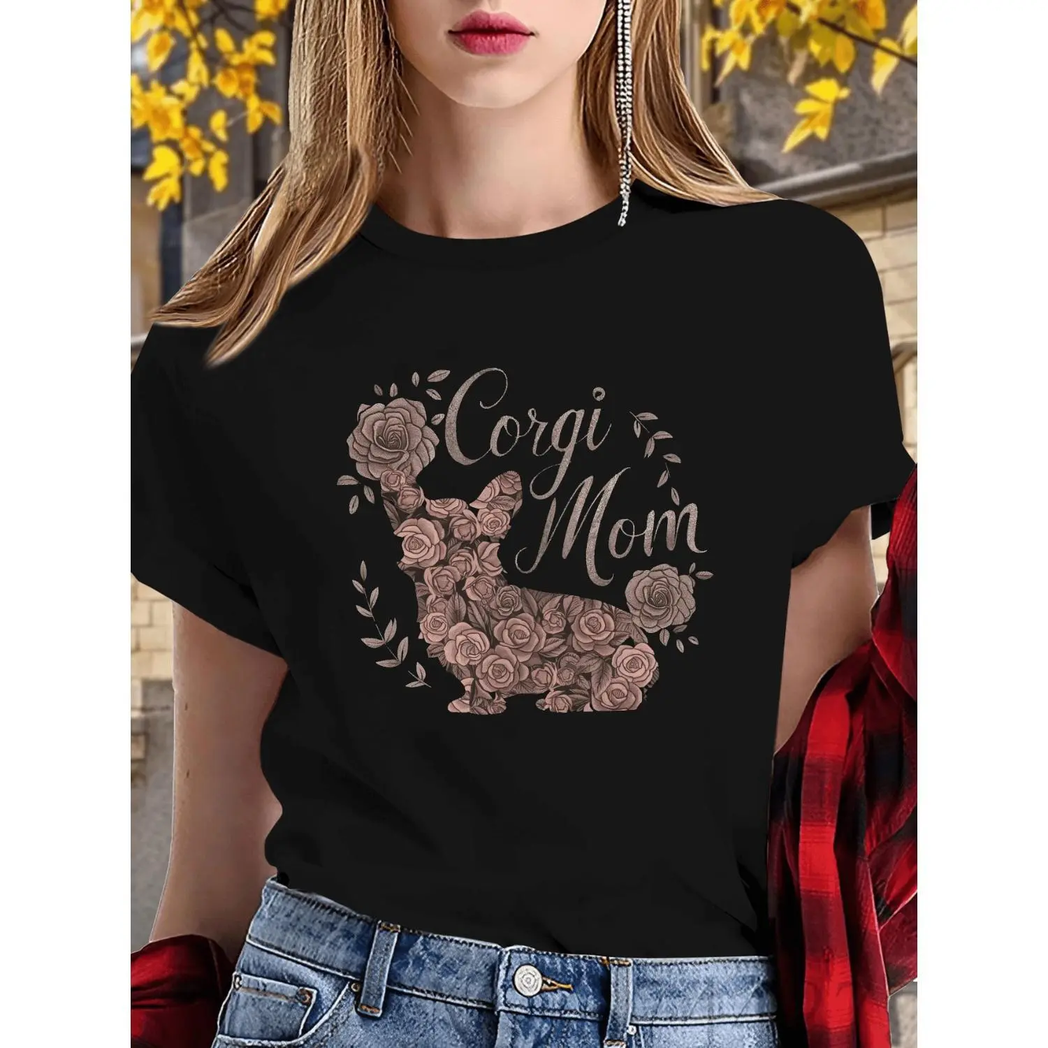 Women's Floral Corgi Mom Graphic T-Shirt, Fitted Organic Cotton Crewneck, Casual Short-Sleeve Top for Dog Lovers, Shortsleeve, Crew Neck, Graphic Print, Machine Wash