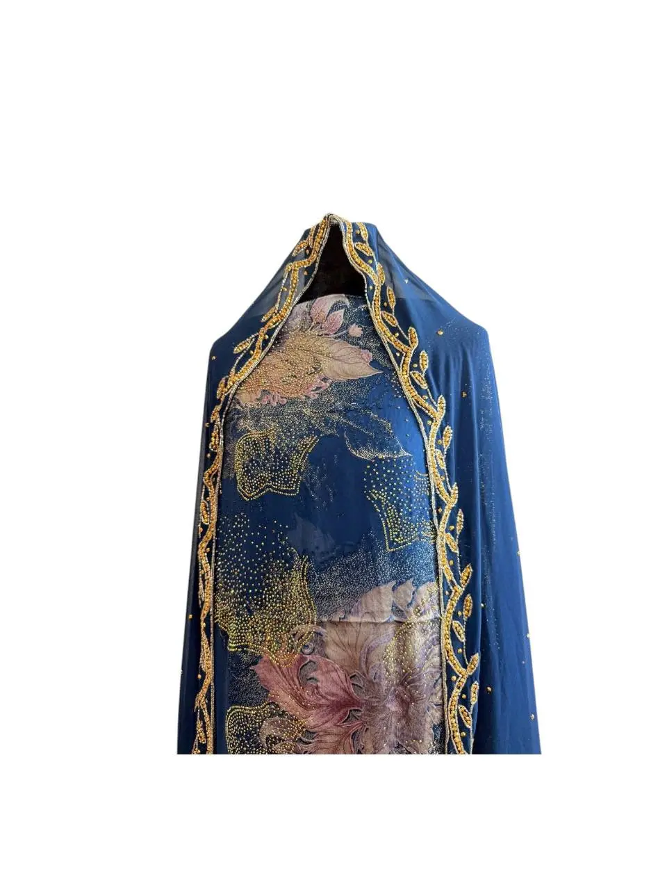 Luxury Navy Blue & Gold Floral 3-Piece Unstitched Diraq Suit with Embroidered Chiffon Dupatta