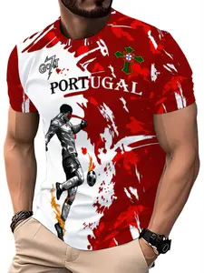 Portugal Football Theme Men's Short Sleeve T-Shirt, Men's Trendy Printed Sports Top, Red and White Color Casual Wear
