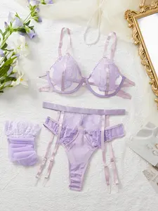 QC Sylvia Lady's Balconette Lingerie Set - Valentine's Day Special Edition, Elegant Transparent Floral Lace, Steel-Rimmed Bra, Thong, Garter, Strappy Design, Comfortable Women's Underwear