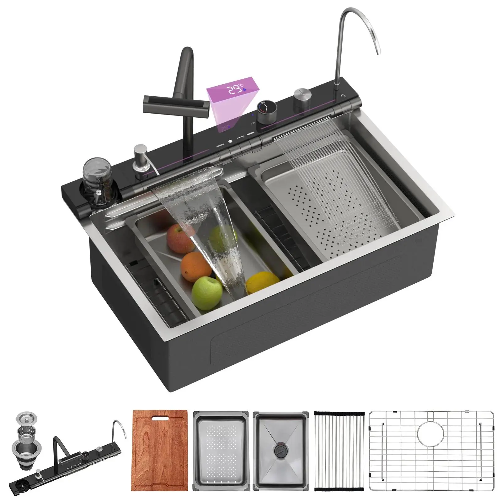 LORDEAR Industrial 16-Gauge Stainless Steel Drop-in Single Bowl Waterfall Kitchen Sink Workstation with Digital Display, Honeycomb Finish, Double Ledges, Pull-out Faucet, Multifunctional Accessories, Metal Cup Washer, Wash Basin, Adjustable