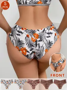 5-pack leopard print panties, low waist wavy edge sexy women's triangle underwear, soft and fitted suitable for hiking, yoga, fitness, dance, and everyday activities, Soft Fit Panty