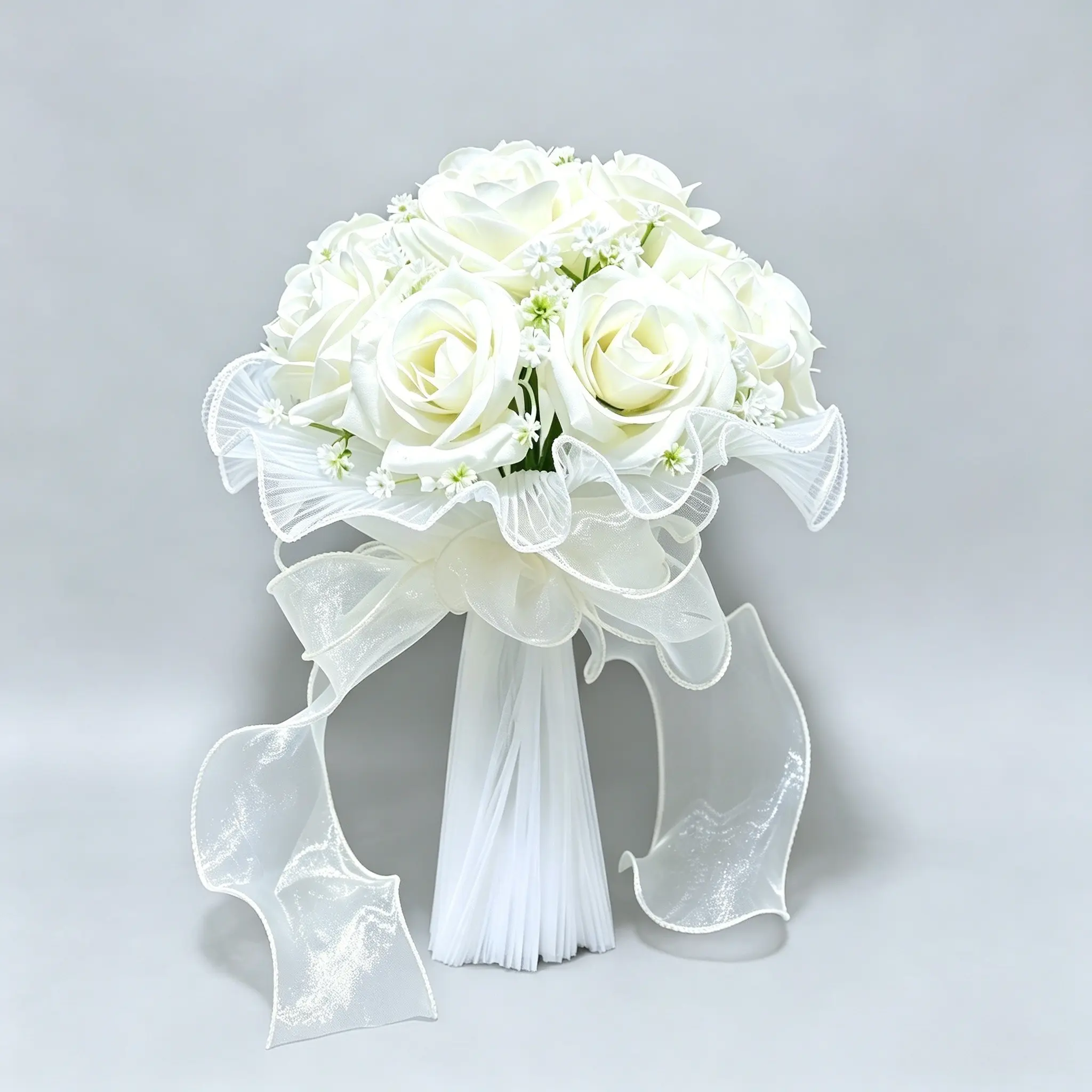 Ivory White Artificial Rose Bridal Bouquet 17x22cm, Artificial Flowers Bouquet, Elegant Silk Flower Handheld Bouquet with Sheer Organza Ribbon, Reusable Decorative Wedding Bouquet for Bride, Bridesmaid, Engagement, Photoshoot & Home Decoration