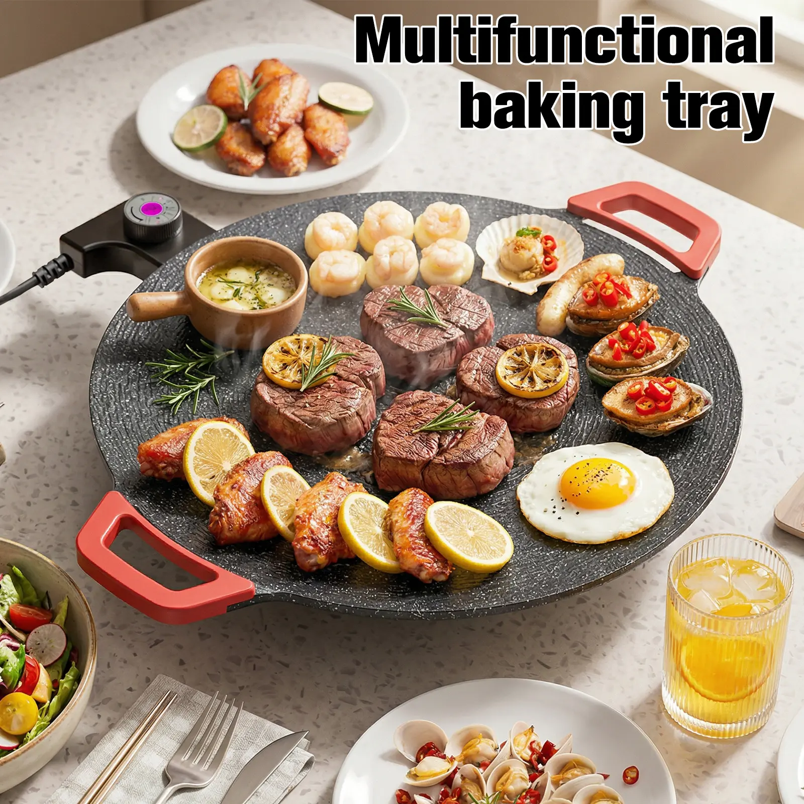 Electric Smokeless Indoor Grill & Griddle, Nonstick Round Electric BBQ Grill with Temperature Control, Easy to Clean, Smokeless & Nonstick Cooking Grill for Steak, Pancakes, BBQ & Pan Searing
