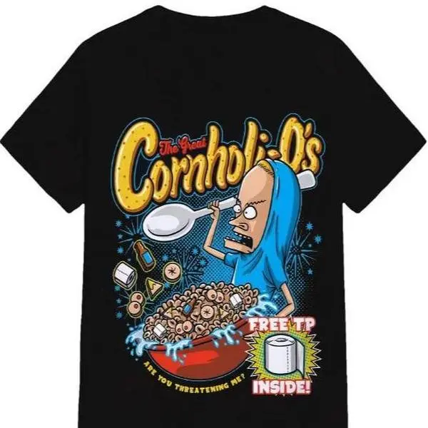"Cornholi-O's" Beavis and Butthead Parody American Retro Black Short-Sleeved Unisex T-Shirt, Humorous Cereal Graphic, Casual Streetwear for Cartoon & Comedy Enthusiasts,summerwins,father'sdaygifts Puerto Rico Football Fan angel wings cut girl cherry shirt