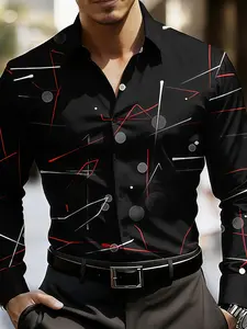 Mens Long Sleeve Collared Casual Dress Shirt with Irregular Geometric Lines Print Perfect for Daily Commute and Formal Occasions
