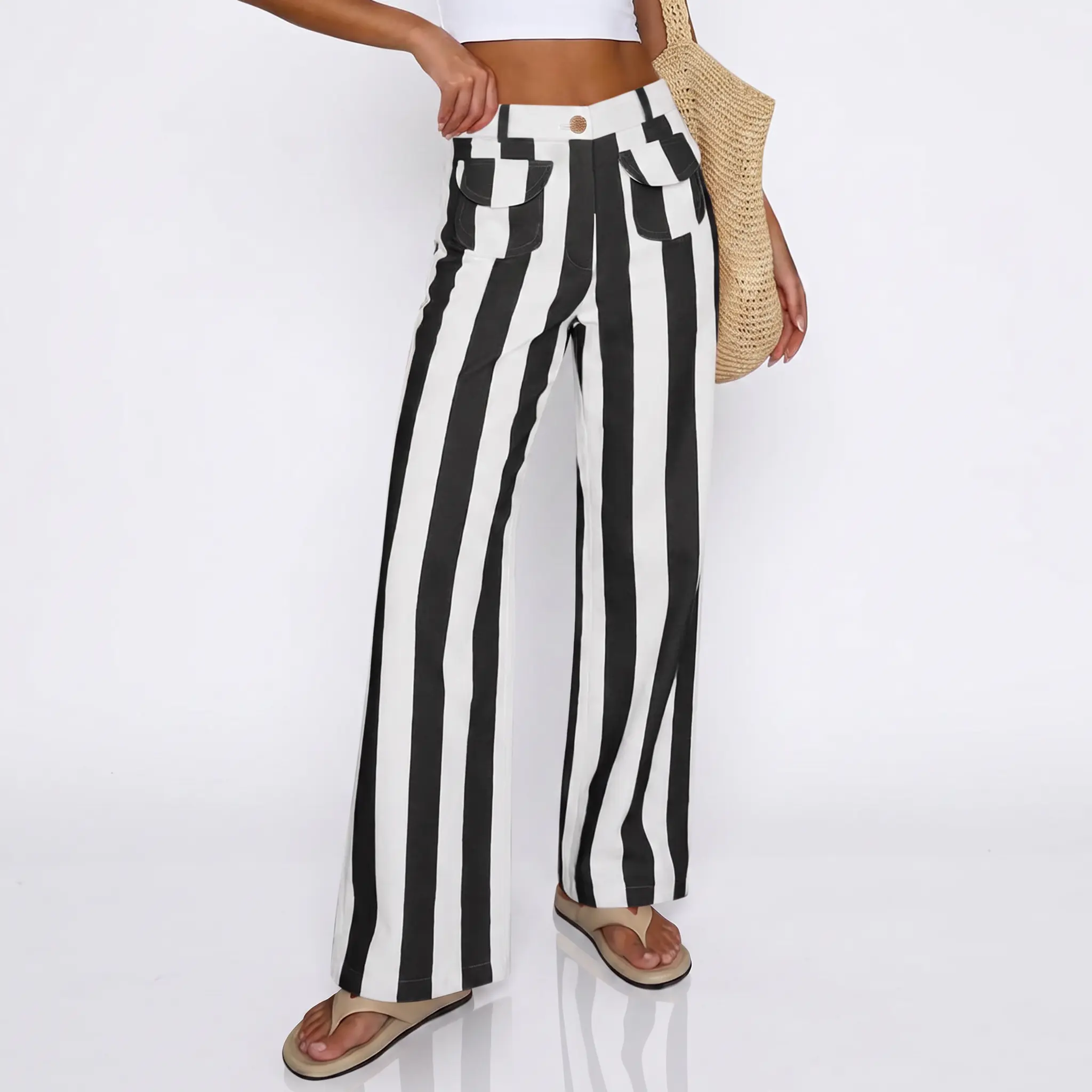 Cicy Bell Womens Striped Jeans Casual High Waisted Stretchy Straight Leg Denim Pants with Pockets