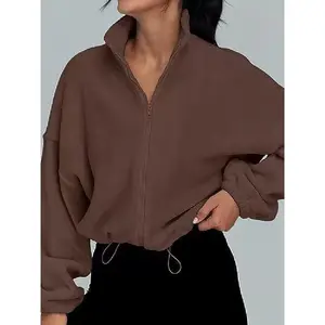 Women's Solid Color Drawstring Drop Shoulder Zip Up Crop Corduroy Jacket, Casual Long Sleeve Stand Collar Outerwear for Spring & Fall, Ladies Clothes for Daily Wear Open Front Blazer puffer girl Fur Hoodie leather Half Fleece Pullover movie Acid Wash
