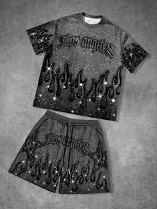 Los Angeles' Flame Print 2-Piece Set, Vintage Washed Streetwear, Casual Fitted Suit, All over Print, Trendy Fashion Ensemble, Outfit