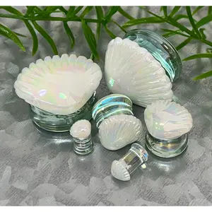 PAIR of Unique White Pearl Seashell Glass Double Flare Tunnels Plugs